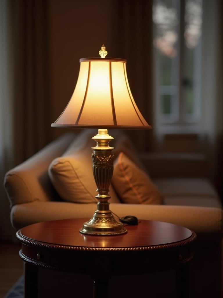 Vintage-style brass table lamp casting a warm and inviting light in a classic traditional living room.