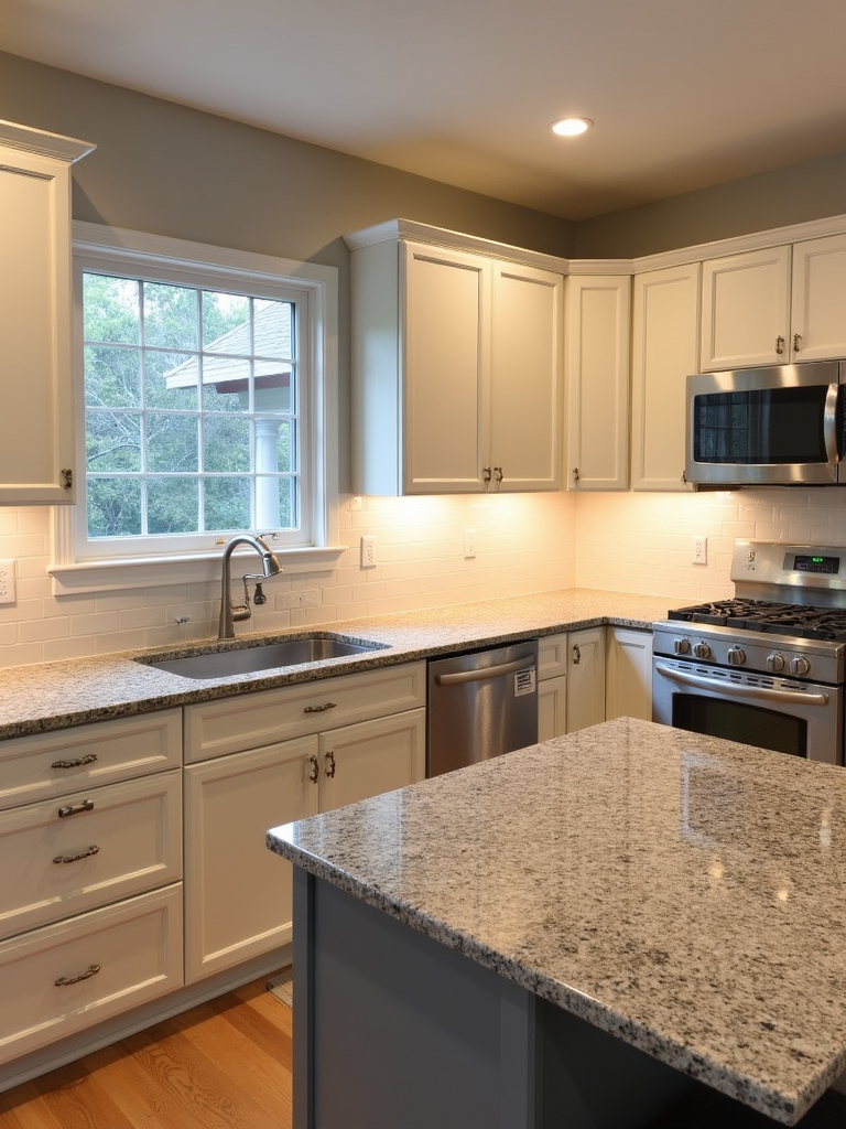 Transitional kitchen featuring warm gray granite countertops, cream cabinets, brushed nickel hardware, and warm lighting.