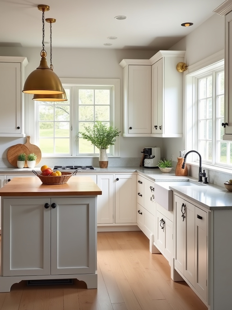 A warm and inviting white kitchen featuring a wooden island, butcher block countertop, and brass pendant lights.