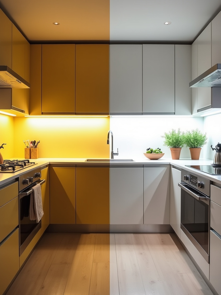 Side-by-side comparison of warm white (left) and cool white (right) lighting in a kitchen.