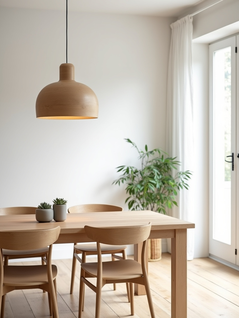 “Pendant light with a light wood shade in a Scandinavian dining room with light wood furniture.”