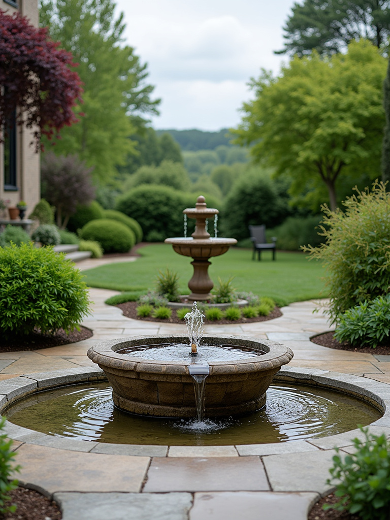Tranquil patio with a stone fountain, natural stone pavers, lush greenery, and soft diffused daylight.