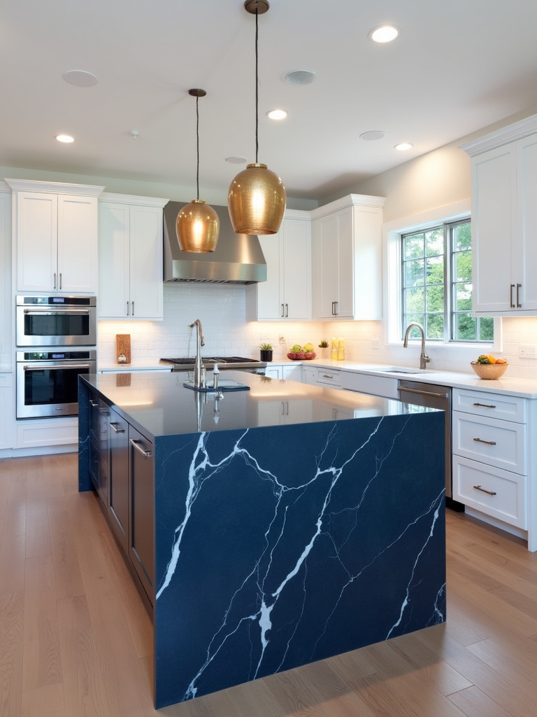 Modern kitchen with a bold navy blue quartz waterfall edge island, white cabinets, and pendant lights highlighting the dramatic countertop feature.
