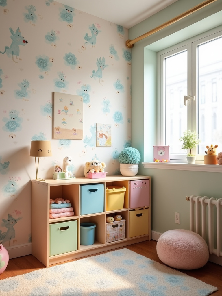 Playful kid’s bedroom with whimsical pastel animal wallpaper, colorful toy storage, and child-sized furniture.