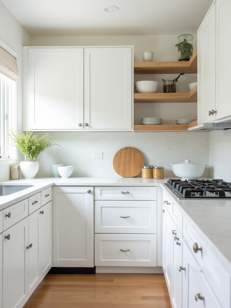 A stylish and budget-friendly white kitchen with white painted cabinets, laminate countertops, and open shelving.