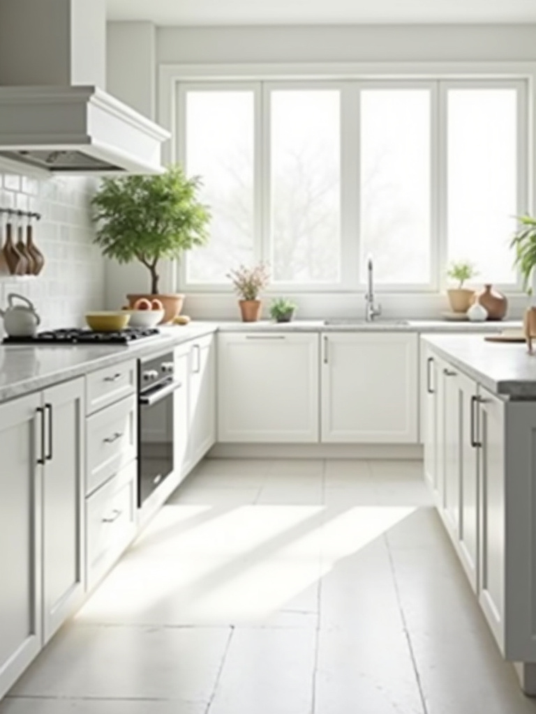 A bright and timeless white kitchen featuring shaker cabinets, marble countertops, and natural light from a window.