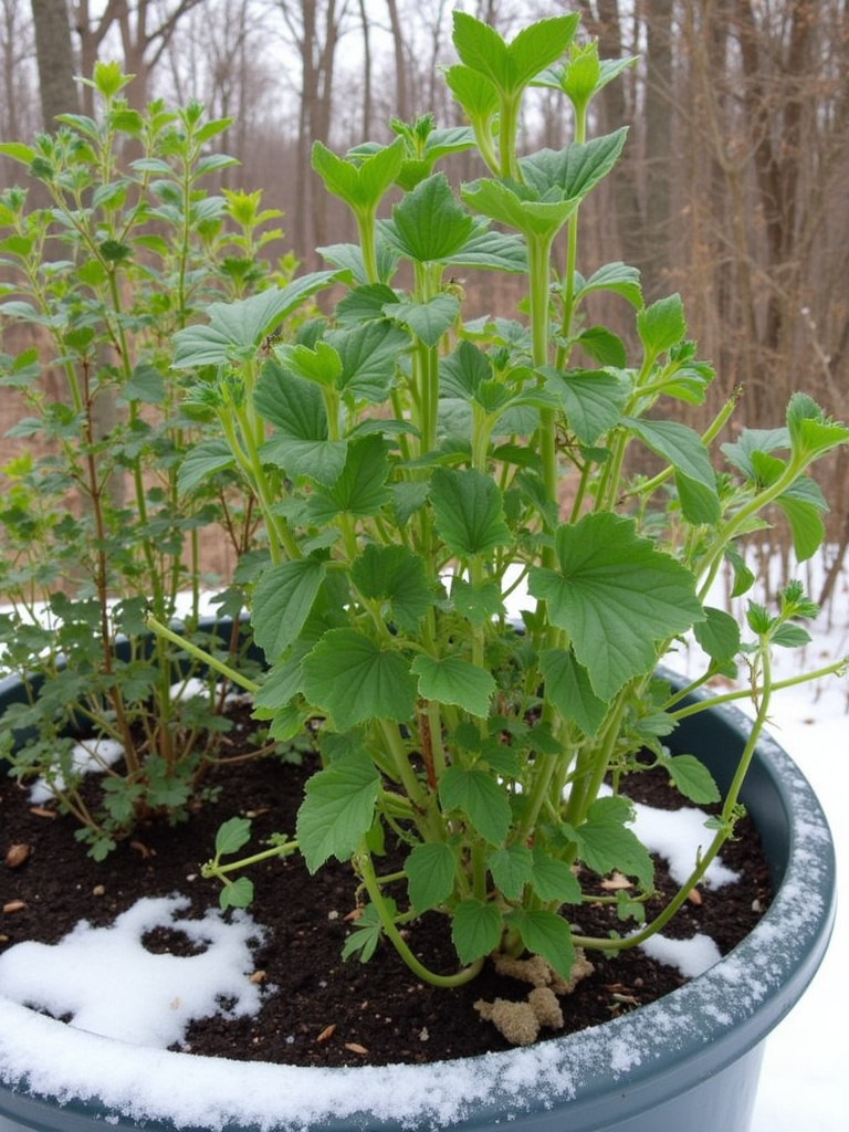 Winter container garden displaying various protection methods including cold frames and insulation, with healthy cold-season vegetables growing.