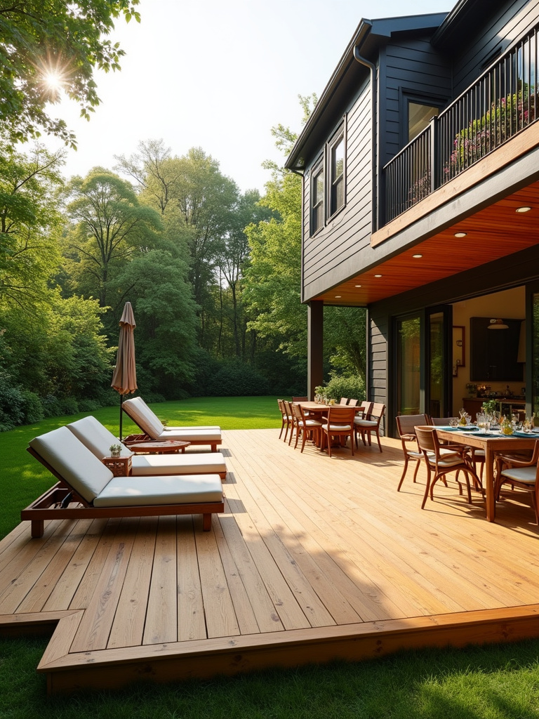 Elevated wooden deck patio extending into a lush backyard, featuring lounge chairs, dining table, and soft morning light.