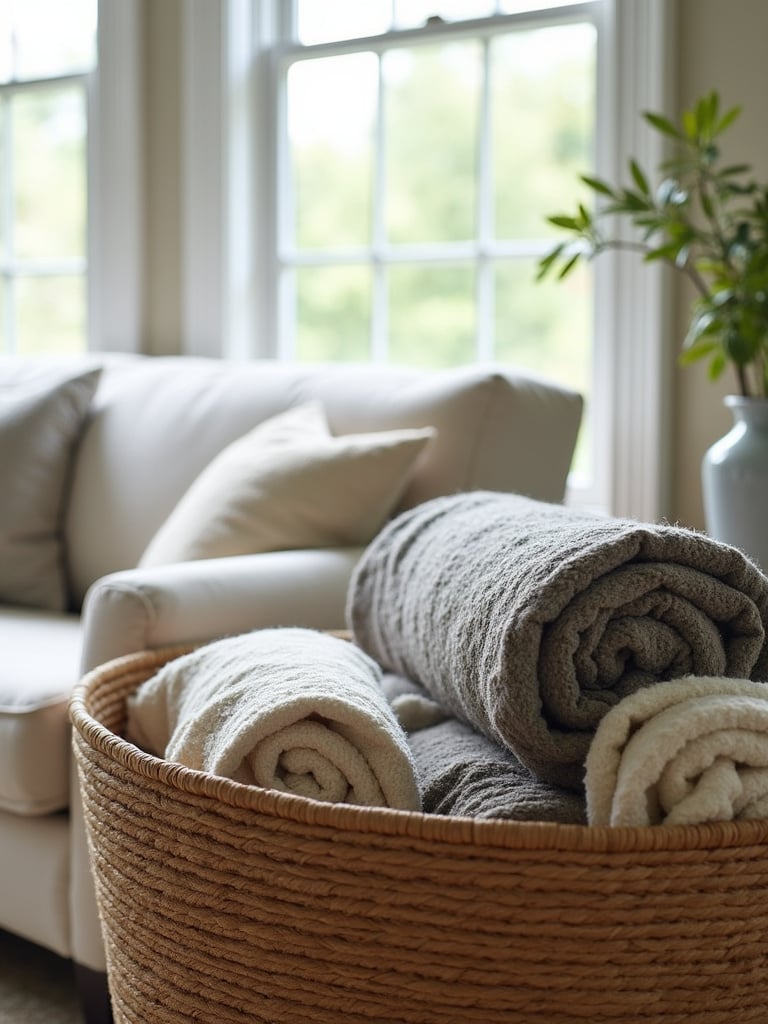 Woven storage basket filled with throw blankets and pillows, adding texture and organization to a farmhouse-style living room.