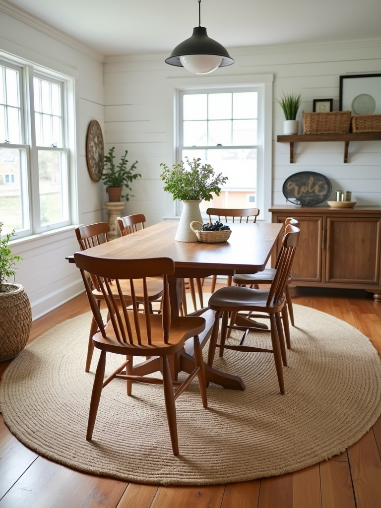 Farmhouse dining room grounded by a rustic woven texture jute rug.