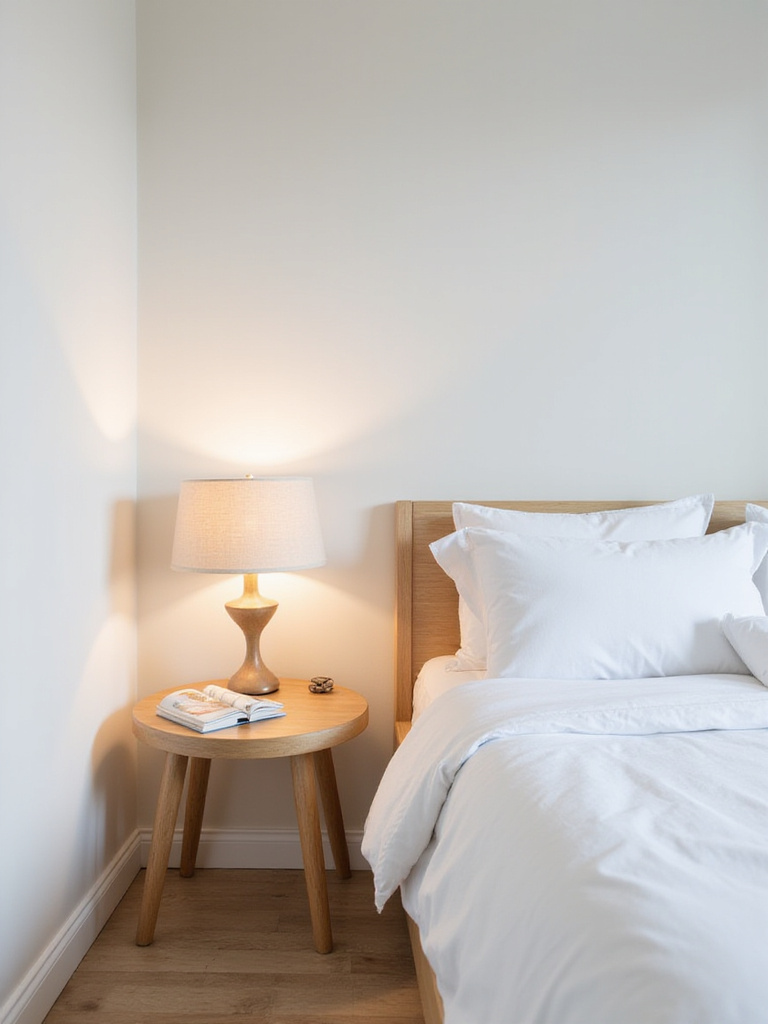 Small bedroom with a light wood accent table beside the bed.