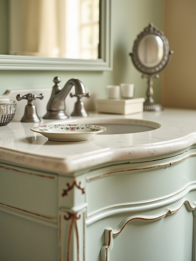 Vintage bathroom vanity with antique soap dish, toothbrush holder, and mirror