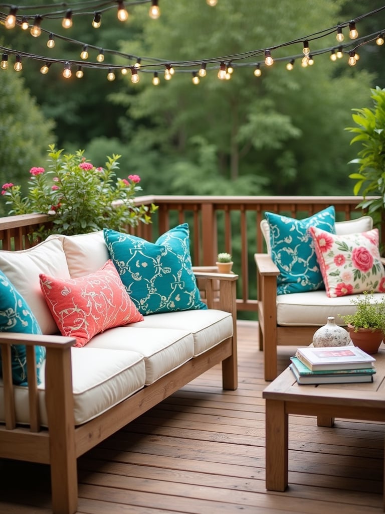 Stylish outdoor deck with colorful throw pillows on sofa and chairs