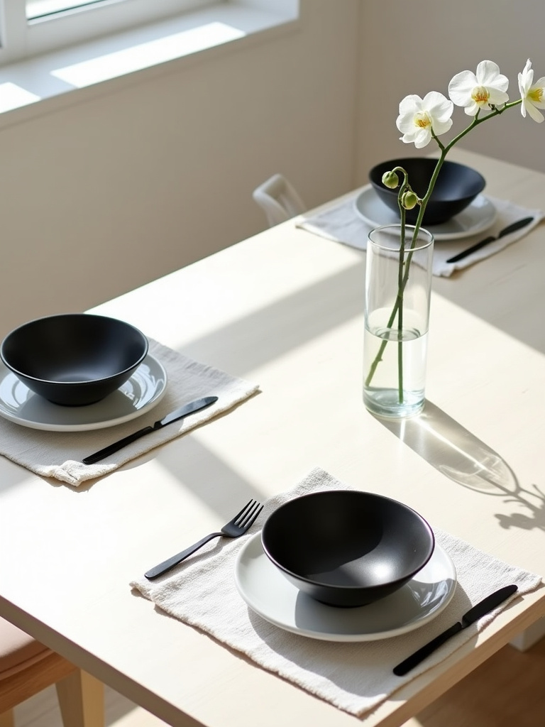 Minimalist kitchen table decor featuring black and white accents and clean lines.