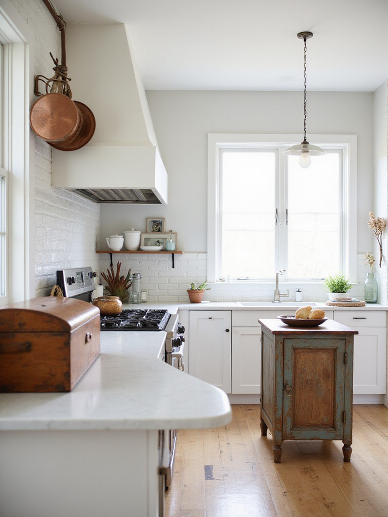 Kitchen with modern white cabinets and vintage decor accents.