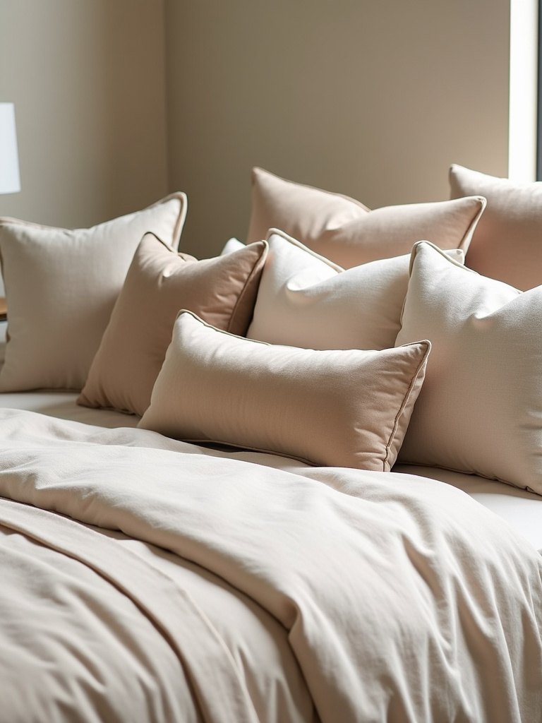 Beige bedroom decor featuring layered beige velvet throw pillows on a linen bed.