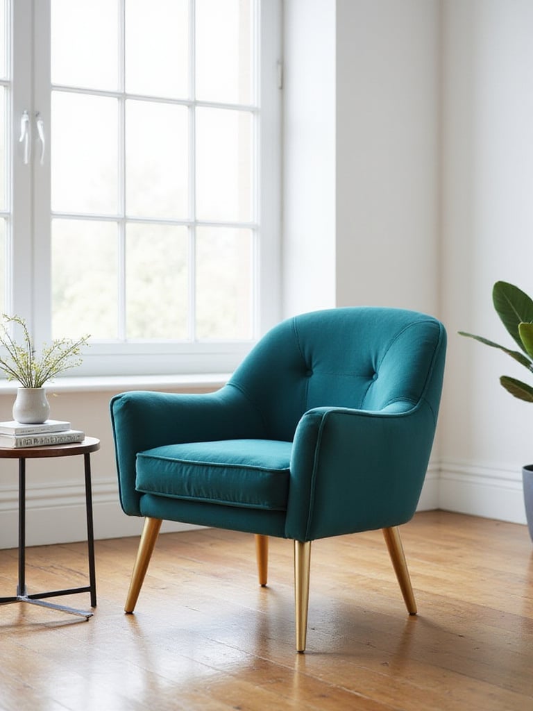 Teal velvet accent chair in a modern living room