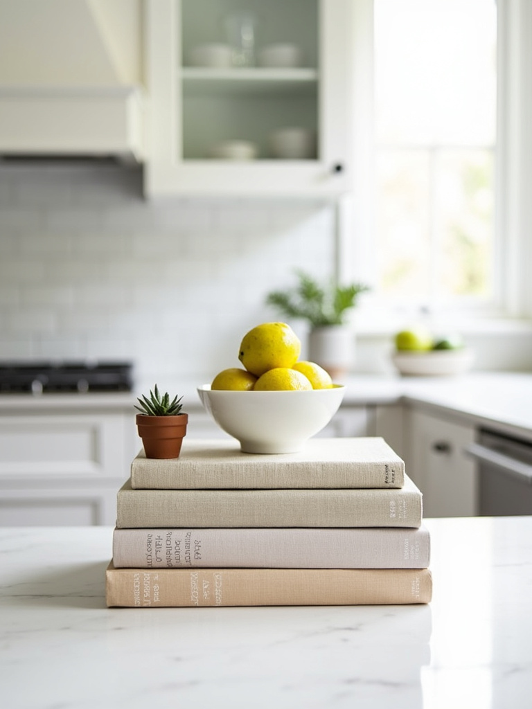 Kitchen table centerpiece featuring stacked books, lemons in a bowl, and a small succulent.