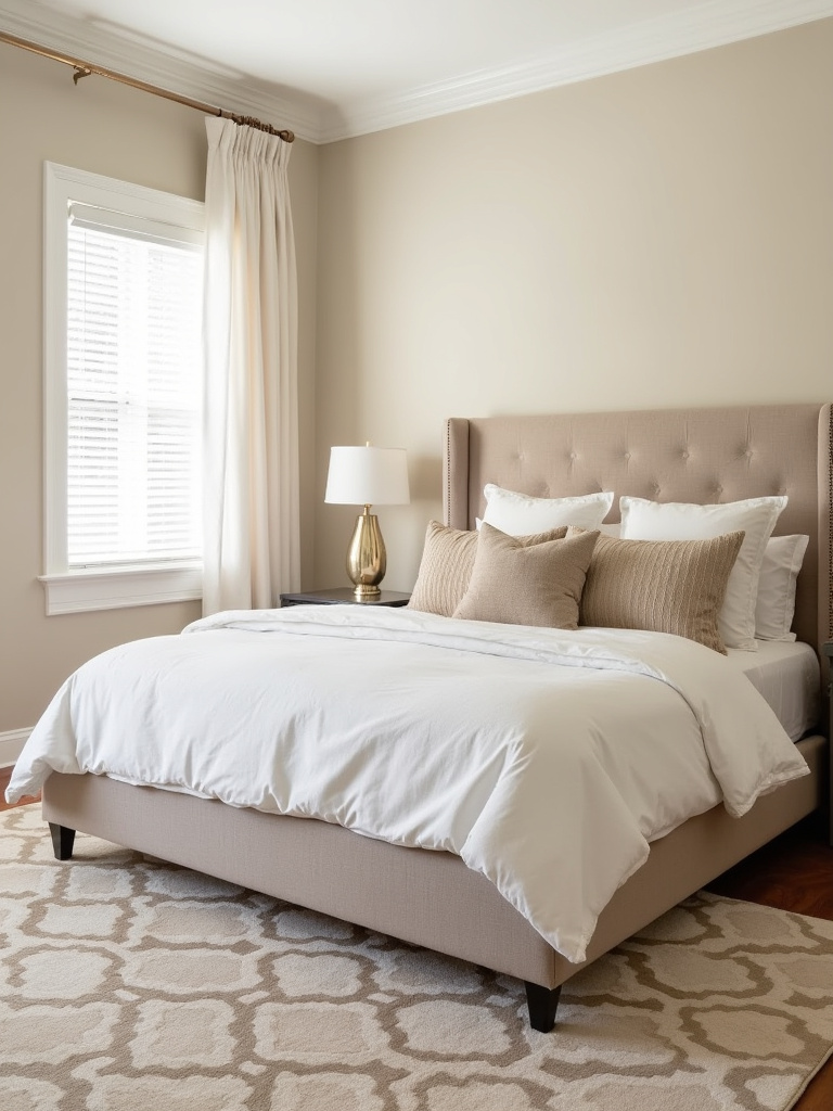 Beige bedroom with beige and white geometric diamond pattern rug under the bed