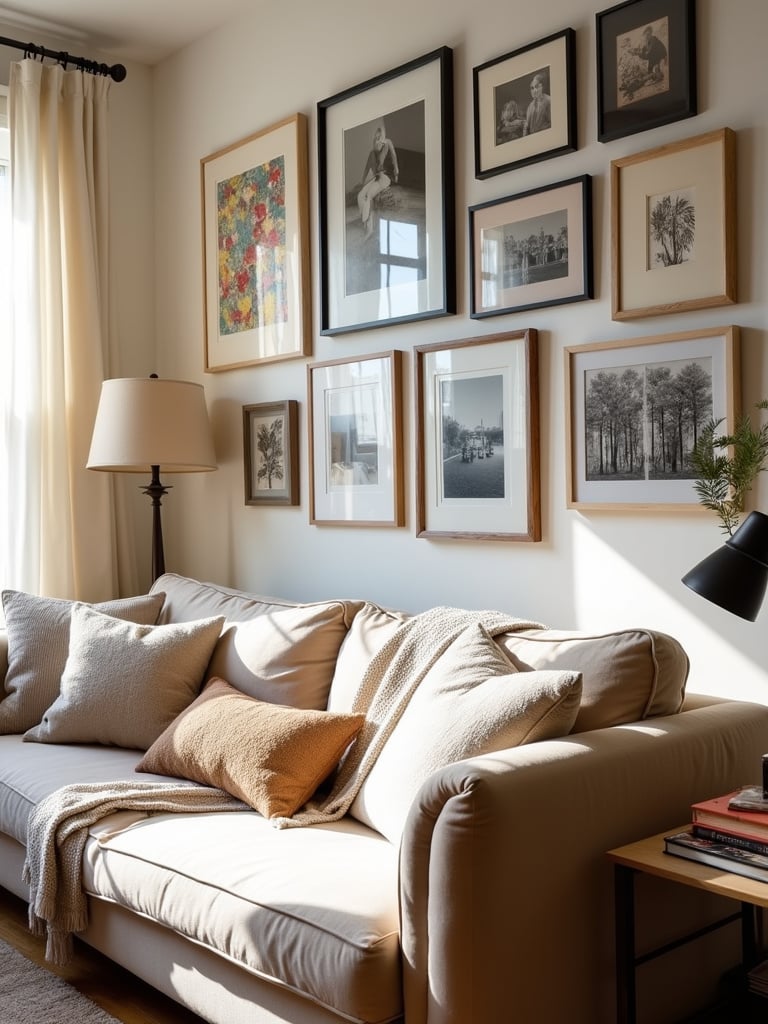 Cozy living room with gallery wall of family photos and artwork
