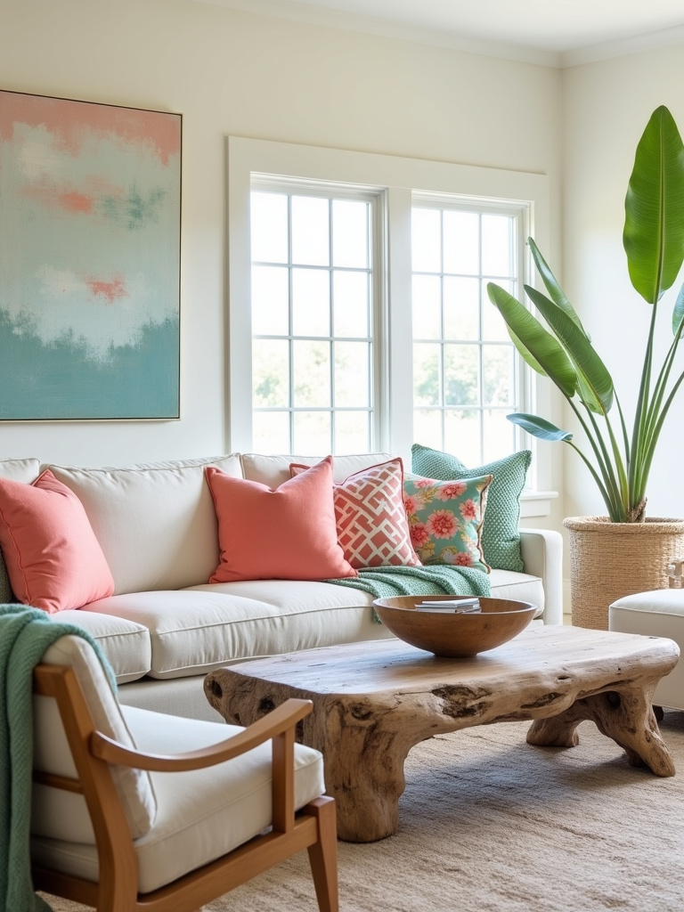 Coastal living room with coral throw pillows and seafoam green blanket