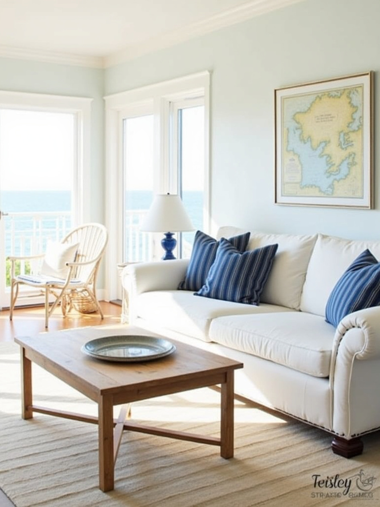 Coastal living room with subtle nautical stripes in rug, pillows, and wall art.