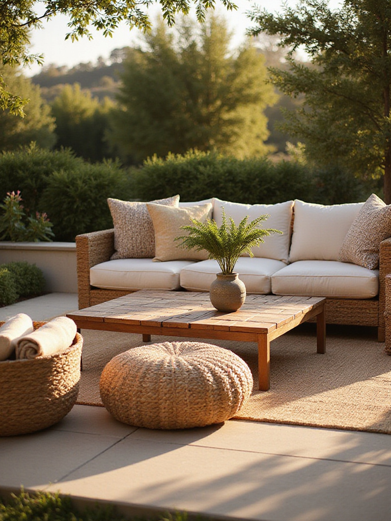 Patio decor featuring woven baskets and poufs for texture and warmth.