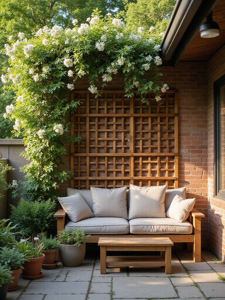 Patio with wooden trellis covered in ivy and jasmine, creating a lush vertical garden.