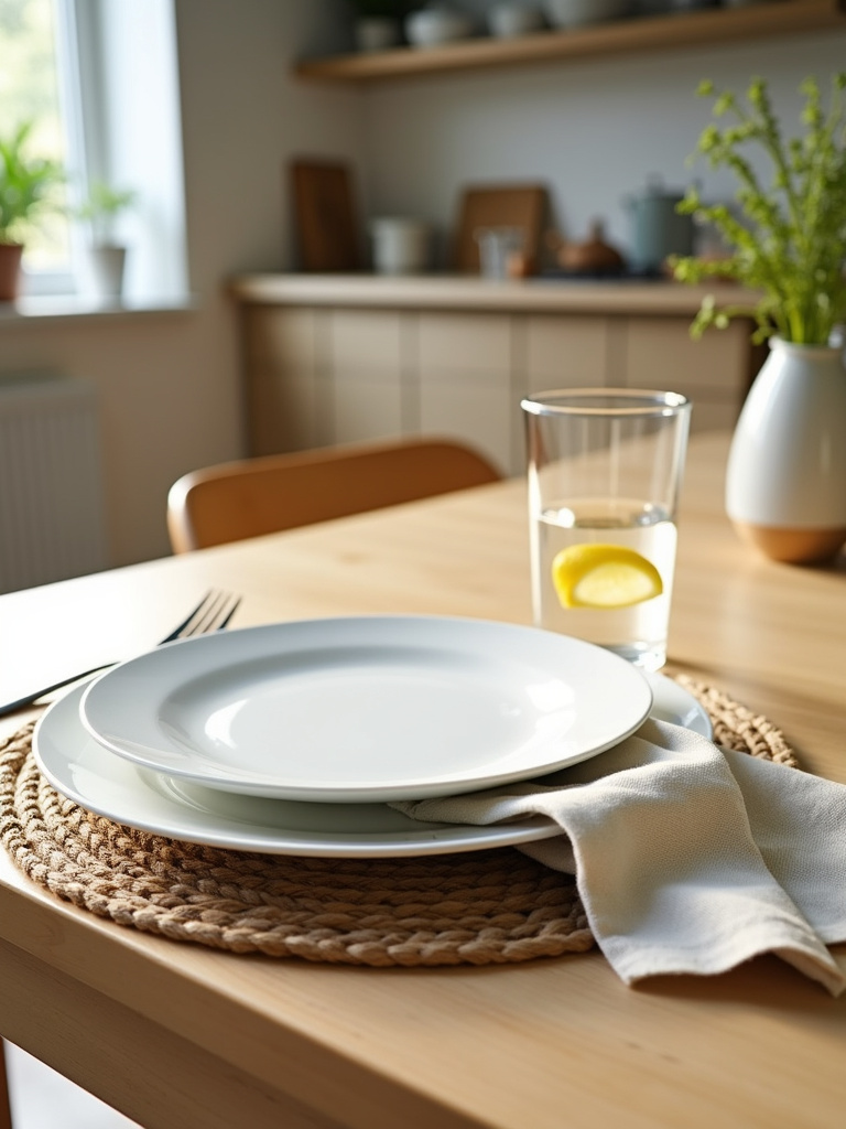 Woven jute placemat on a kitchen table setting with white ceramic plate and linen napkin.