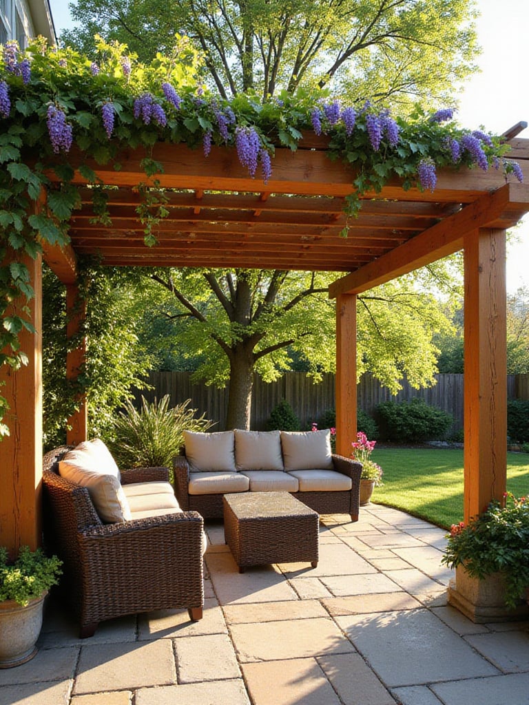 Backyard patio with cedar pergola providing shade and supporting wisteria.