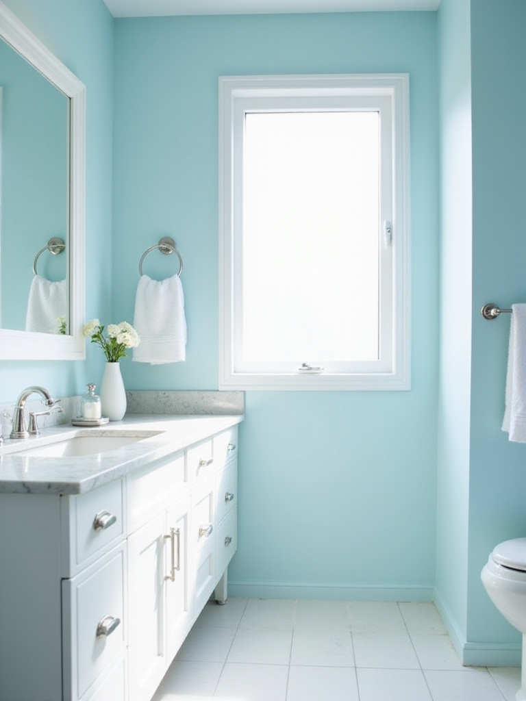 Light blue bathroom with white vanity and natural light creating a spacious feel