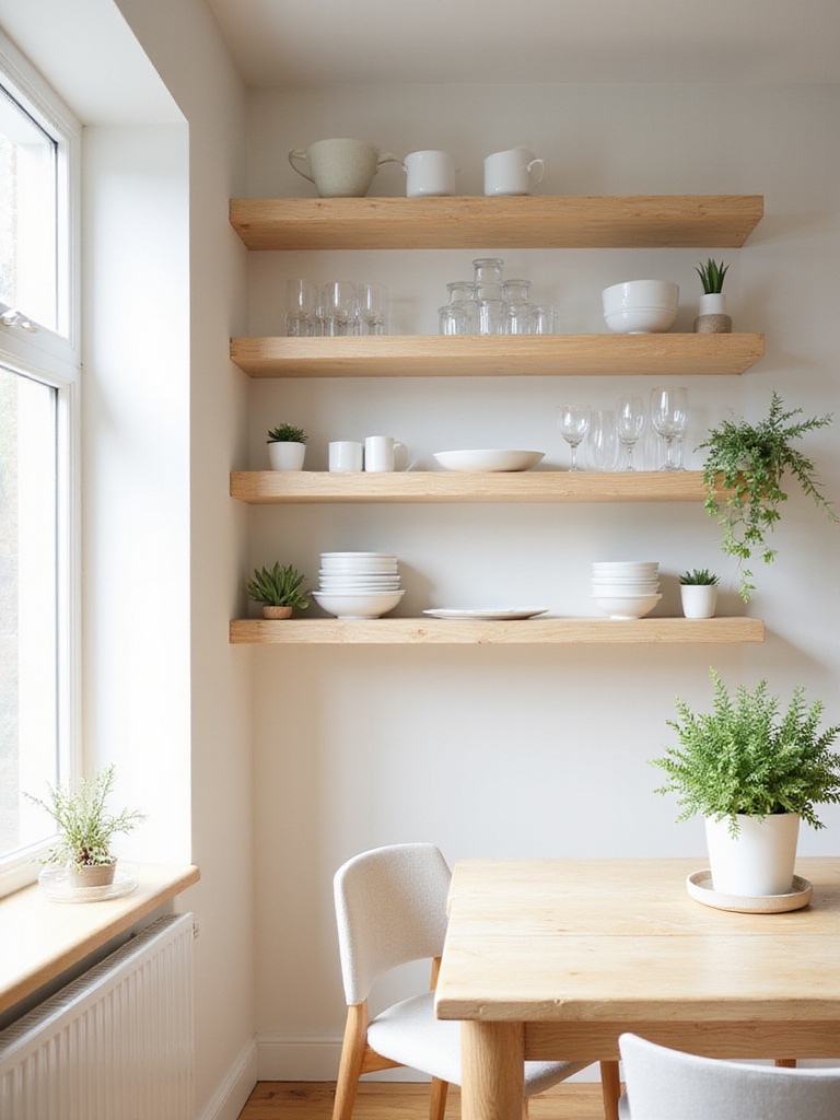 Small dining room with airy open shelving displaying dinnerware and plants.