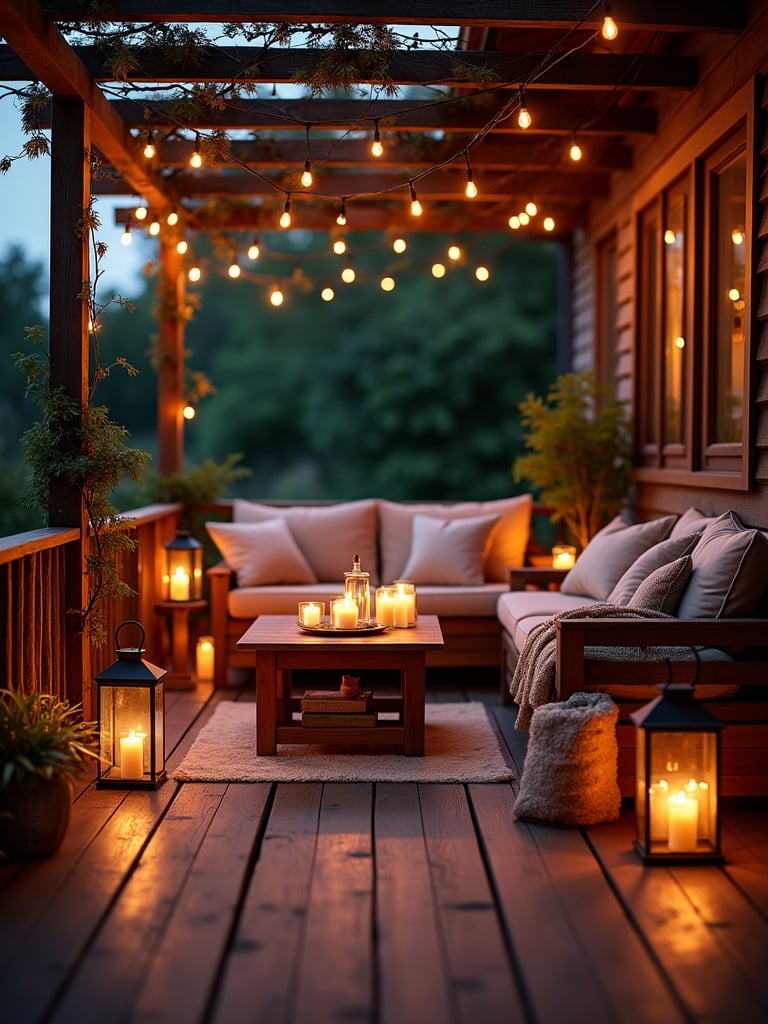 Deck decorated with lanterns and candles for soft, romantic lighting.