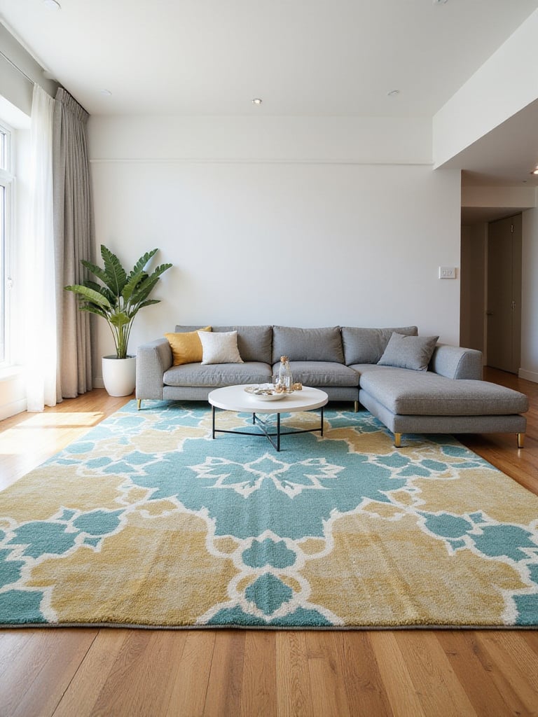 Modern living room with a geometric teal and gold statement rug anchoring the space.