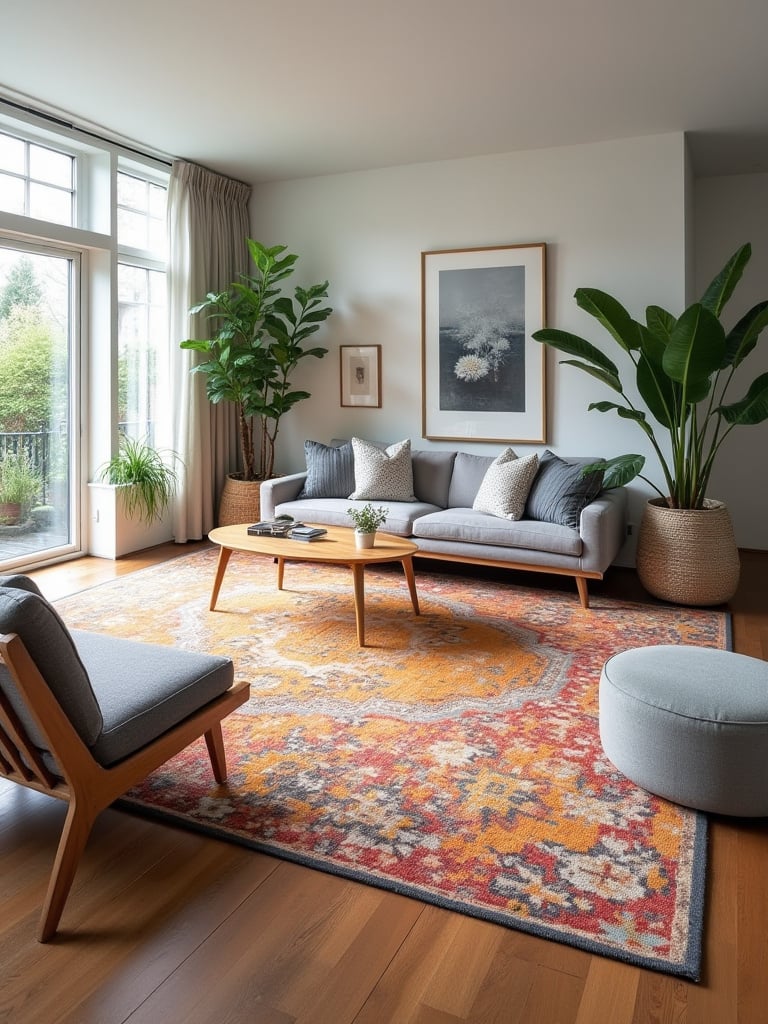 Modern living room with geometric patterned rug anchoring seating area.