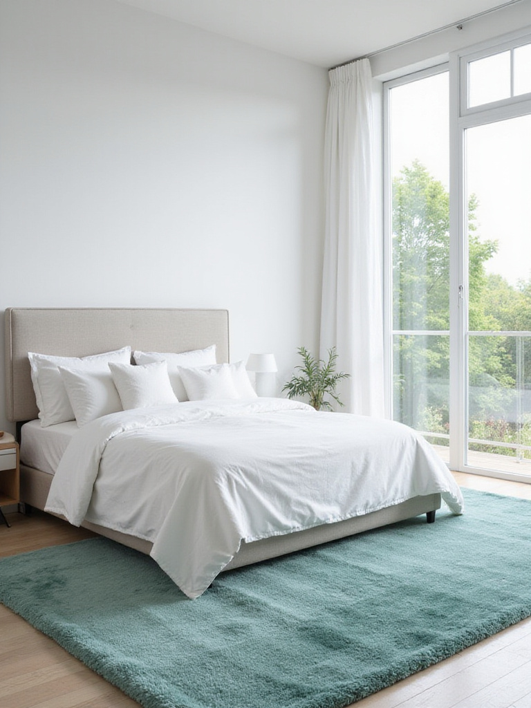 Modern bedroom with king-sized bed and plush teal area rug.