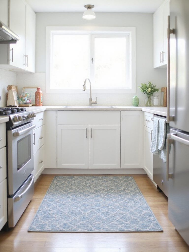 Affordable patterned kitchen rug anchoring the space in front of a kitchen sink.
