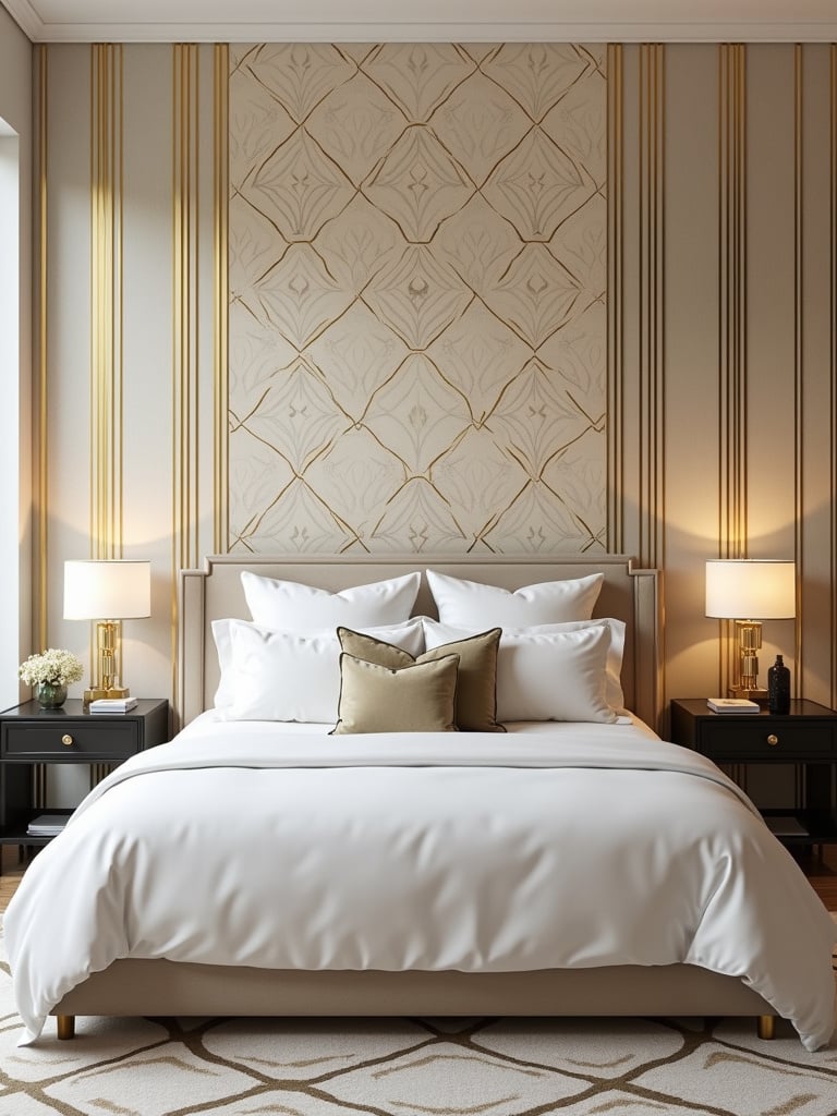 Modern bedroom with Art Deco geometric wallpaper featuring gold and cream interlocking shapes on a feature wall.