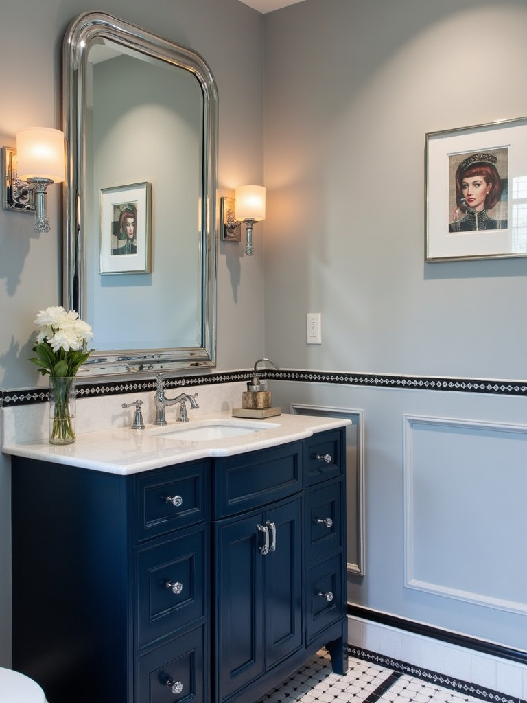 Art Deco Bathroom Remodel with Geometric Tiles and Chrome Fixtures