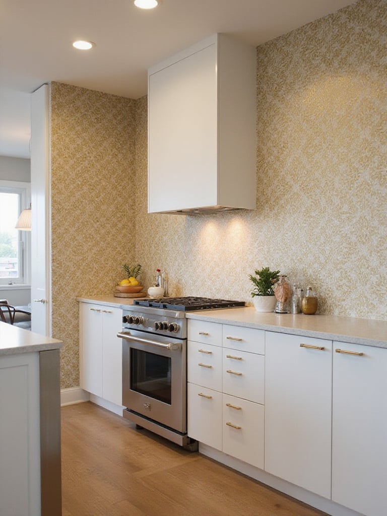 Kitchen with geometric Art Deco wallpaper featuring gold metallic accents