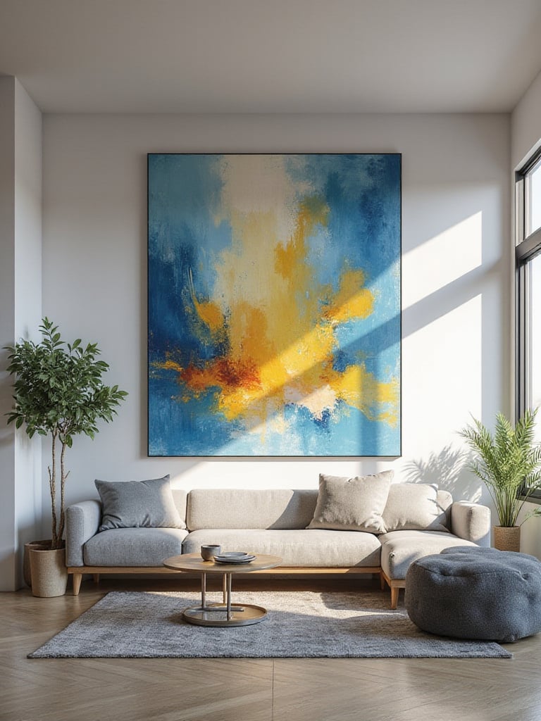 Modern living room with abstract art above a sofa