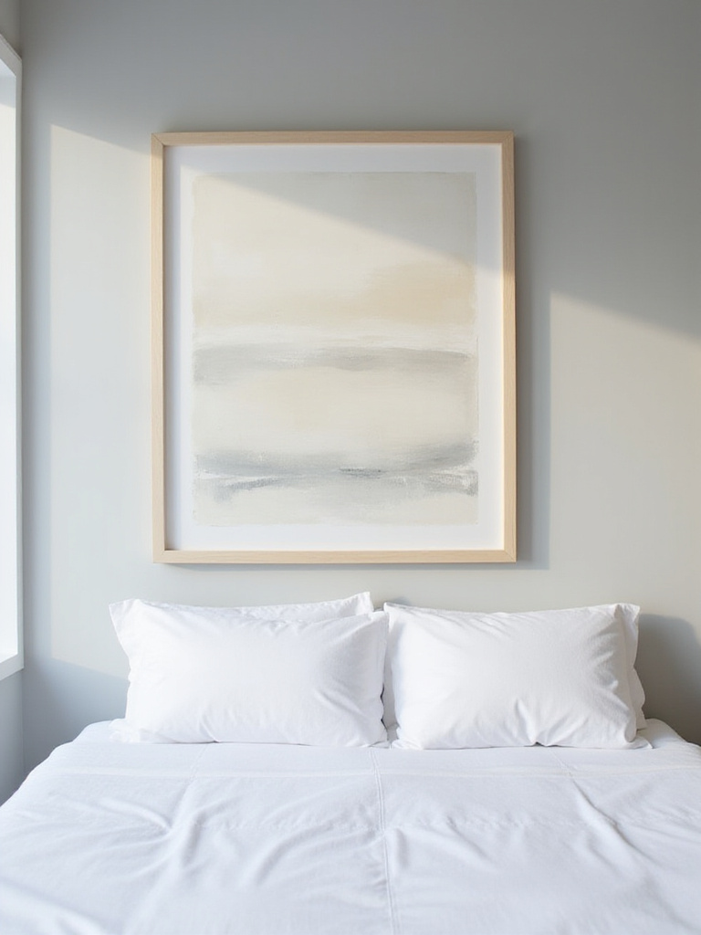 Minimalist bedroom featuring a large abstract painting above a bed.