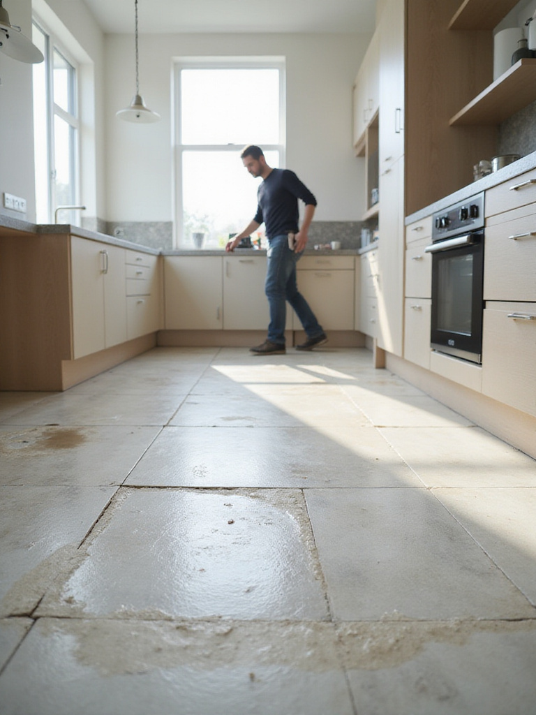 Common kitchen flooring mistakes: Damaged vinyl floor compared to newly installed porcelain tile.