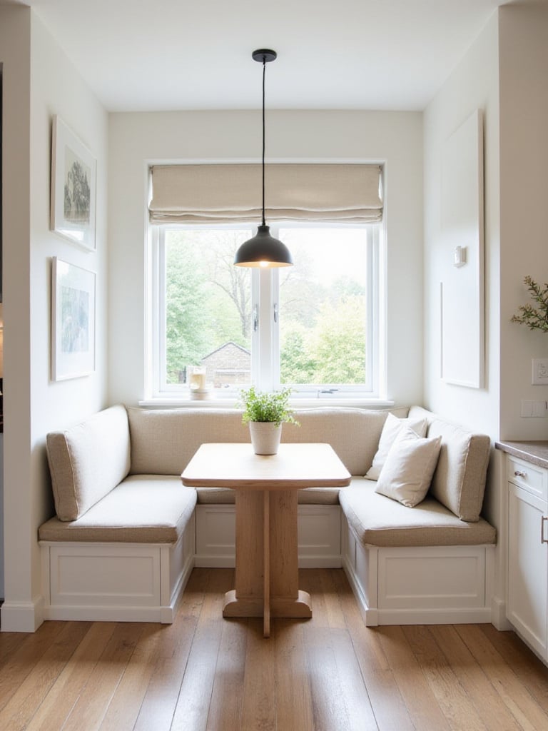 Cozy kitchen banquette seating area with natural light and modern design.