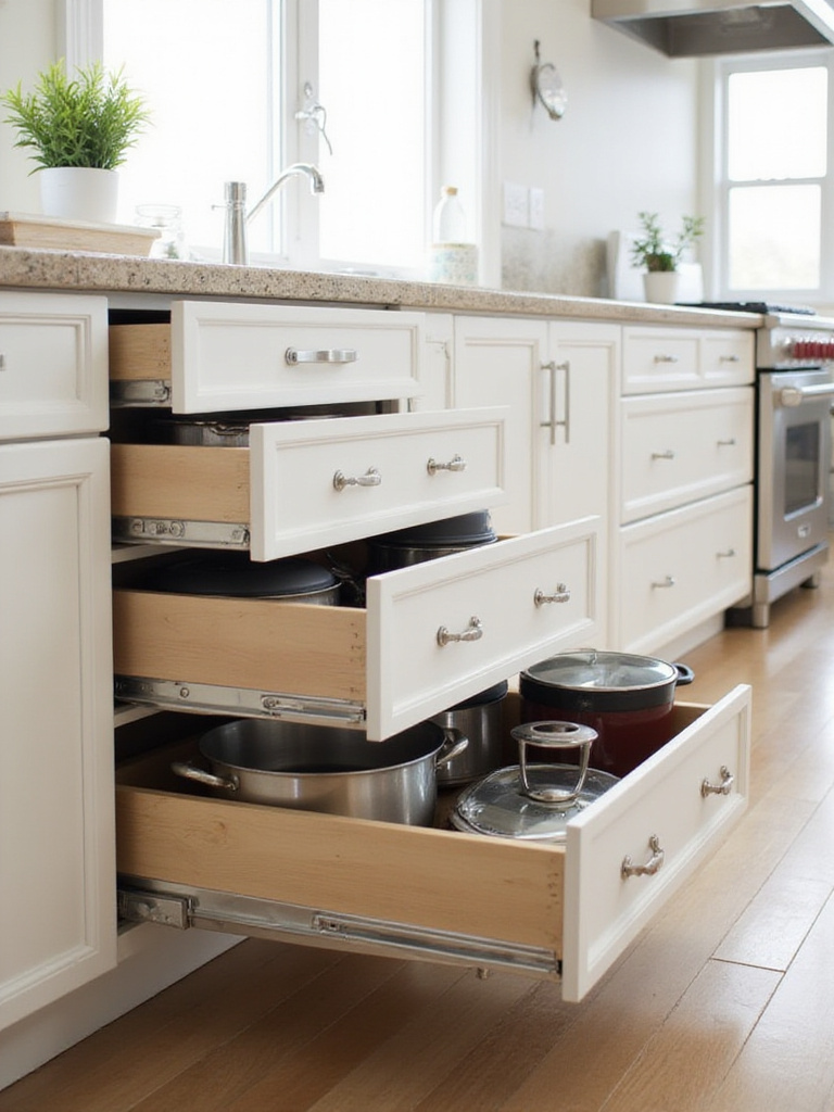 Kitchen base cabinets with deep drawers showcasing organized pots and pans.