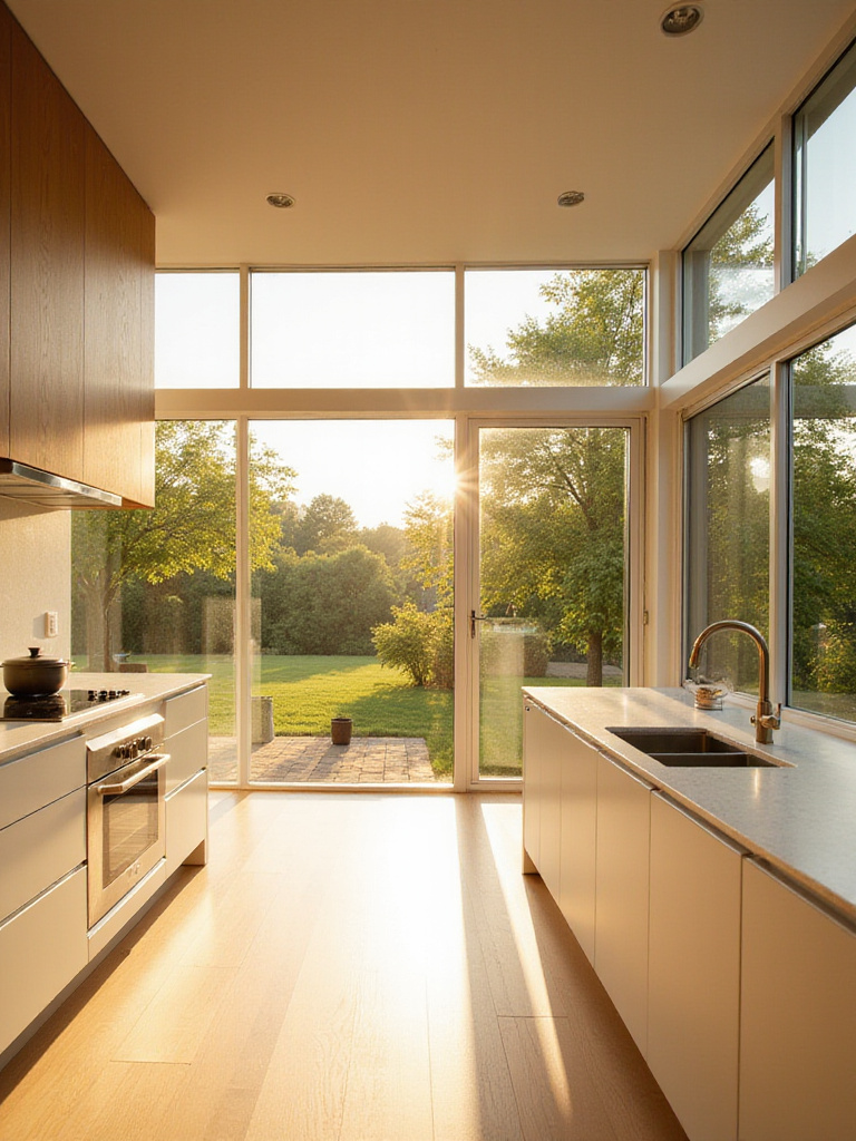 Bright kitchen with expansive windows overlooking a garden
