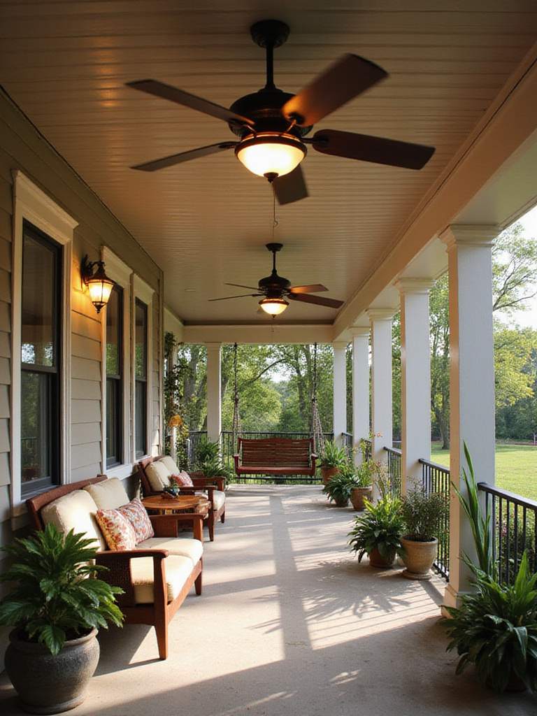 Stylish porch with a rotating ceiling fan providing cool air and comfortable seating.