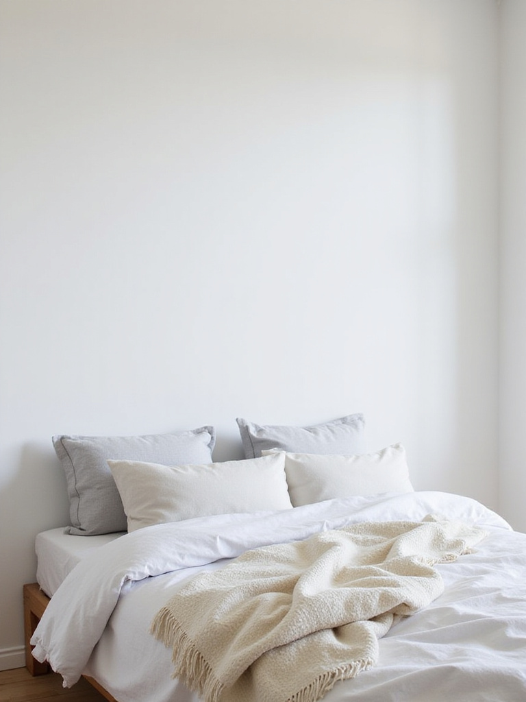 Minimalist bedroom with simple white and gray bedding, linen duvet cover, and waffle weave throw blanket.