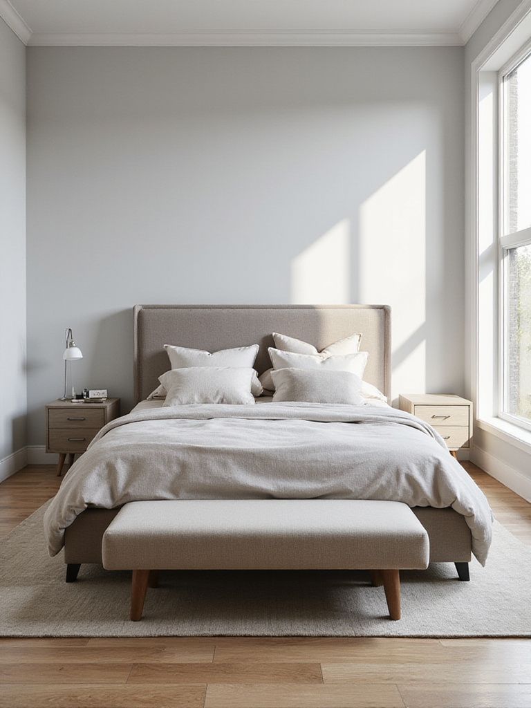 Modern bedroom with upholstered bench at the end of the bed.