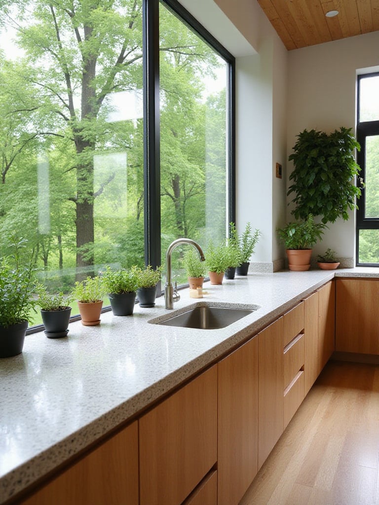 Bright modern kitchen with natural light and plants, embodying biophilic design.